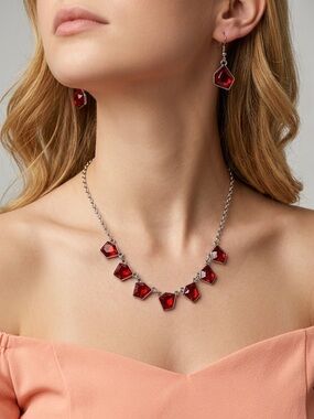 Red Geometric Necklace Set | Silver Collar Statement Earrings